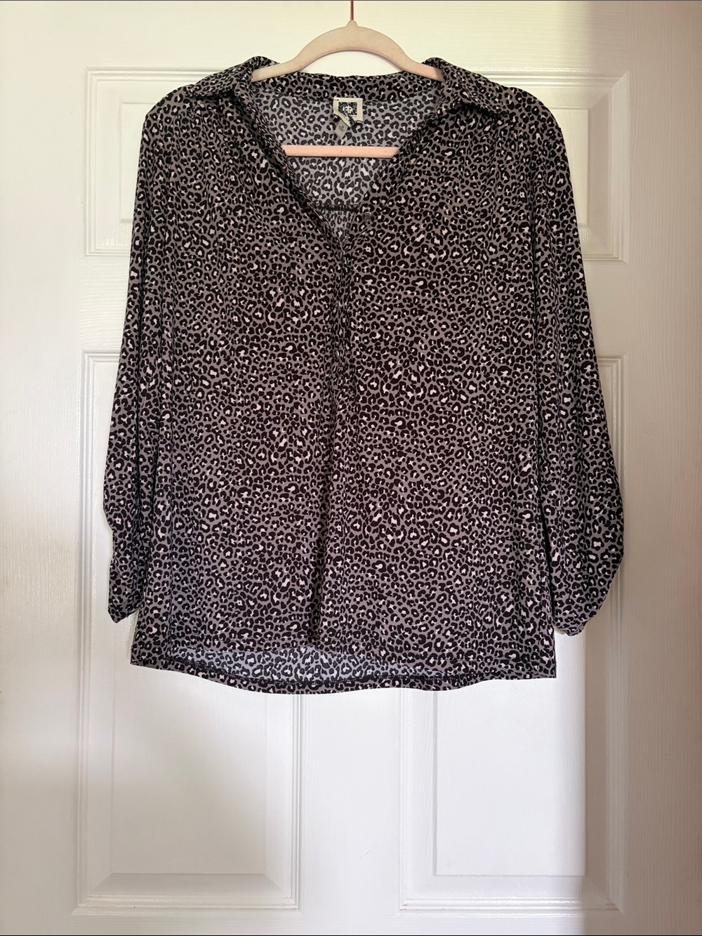 Anne Klein Black and Gray Leopard Print Collared Blouse